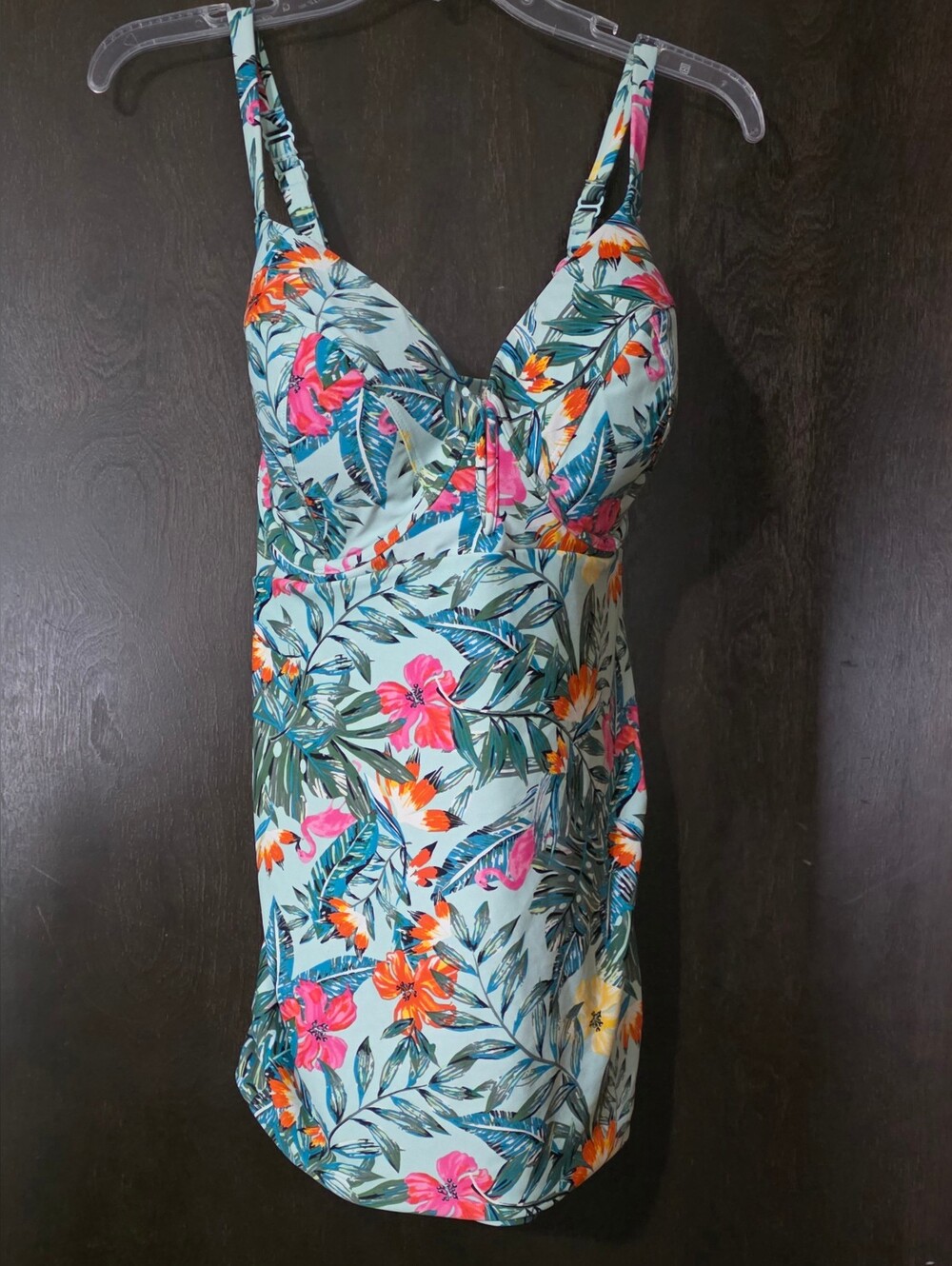 Cacique Floral Tropical Swimdress in Aqua with Pink and Orange Accents
